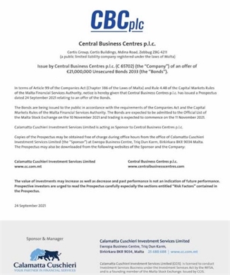 CBC plc: Issue of an offer of €21,000,000 Unsecured Bonds 2033 CBC plc: Issue of an offer of €21,000,000 Unsecured Bonds 2033