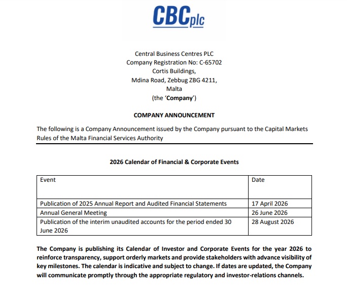 2026 Calendar of Financial & Corporate Events